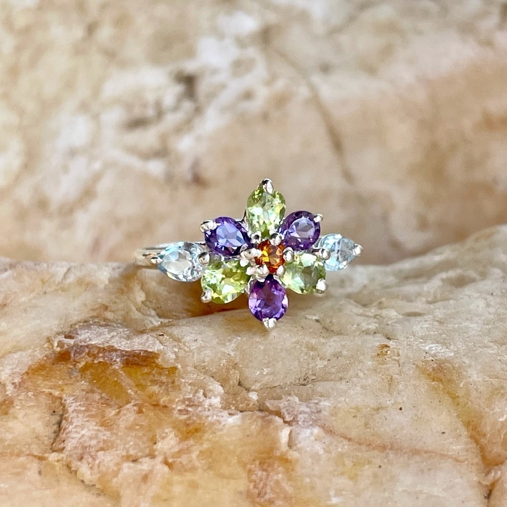 Dainty amethyst, peridot, blue topaz & honey citrine 925 sterling cluster ring 7 - Picture 2 of 7